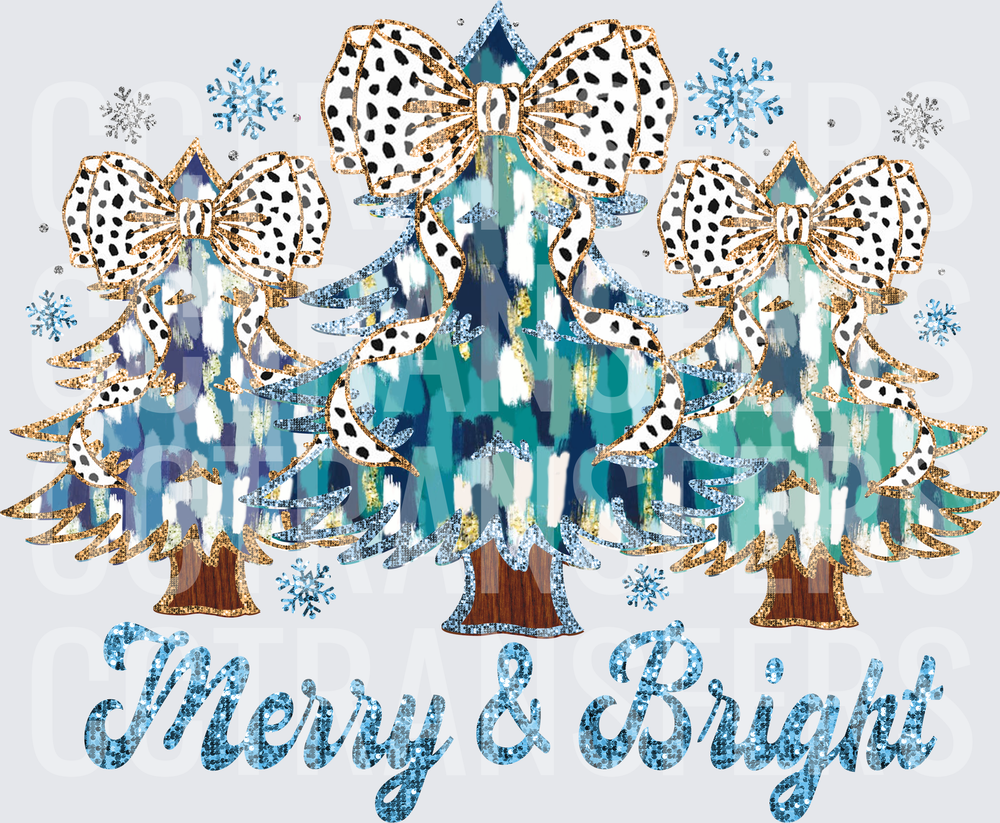 Merry & Bright Teal Christmas Trees Dalmatian Bows (DTF)