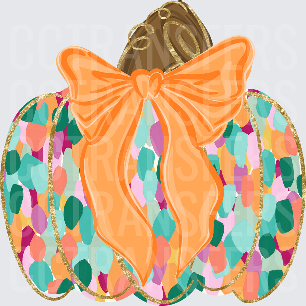 Colorful Confetti Pumpkin with Orange Bow Gold Glitter (DTF)