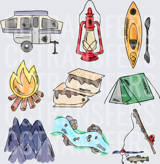 Camping Adventure Icons Collage Set (DTF)
