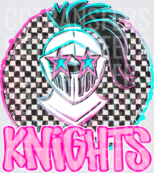Retro Pink Knights Helmet Stars Checkered Mascot (DTF)