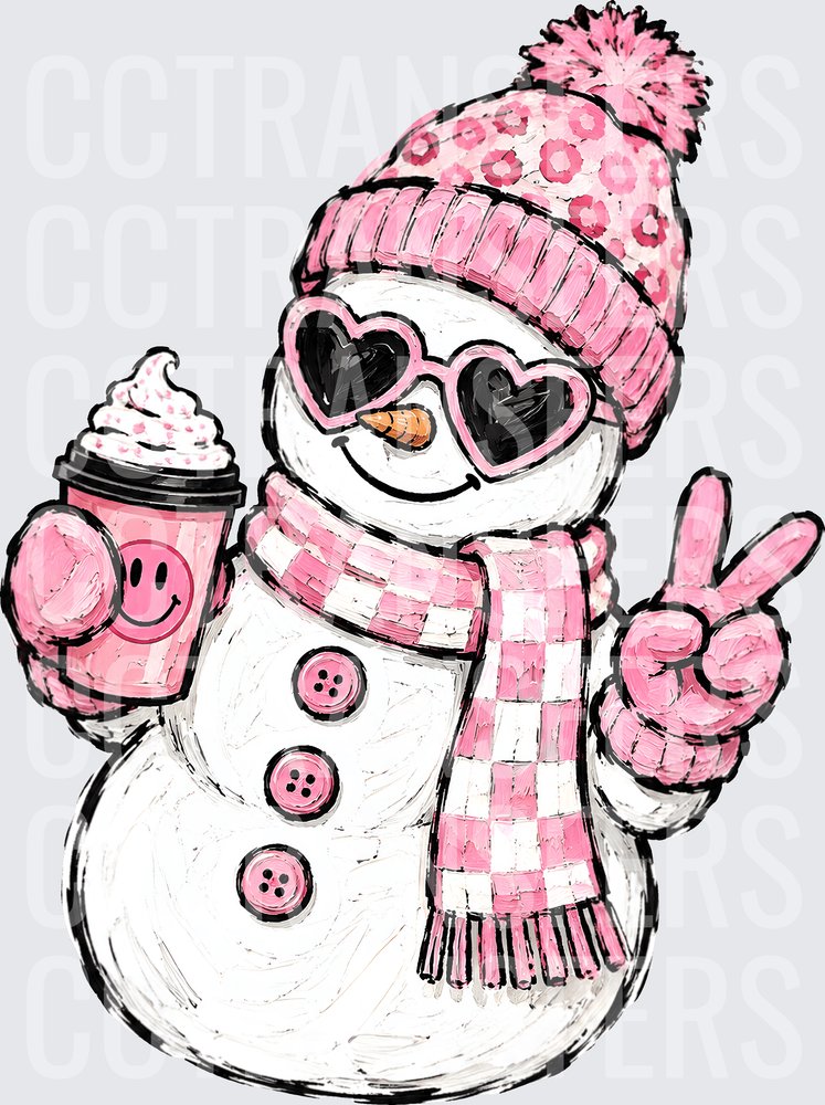 Trendy Pink Snowman Coffee Peace Sign Winter (DTF)