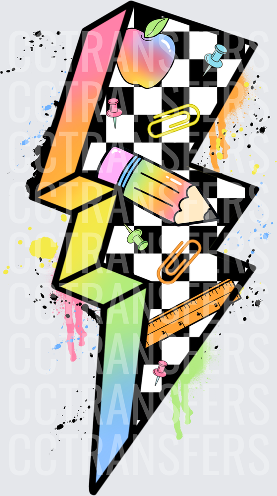 Rainbow Checkerboard Lightning Bolt School Supplies (DTF)