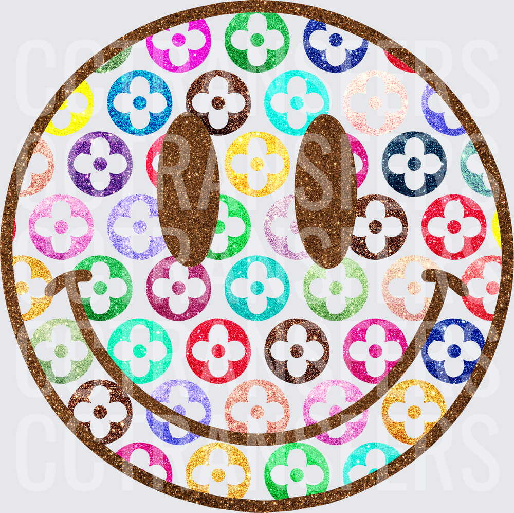 Glitter Smiley Face Colorful Floral Monogram Pattern (DTF)