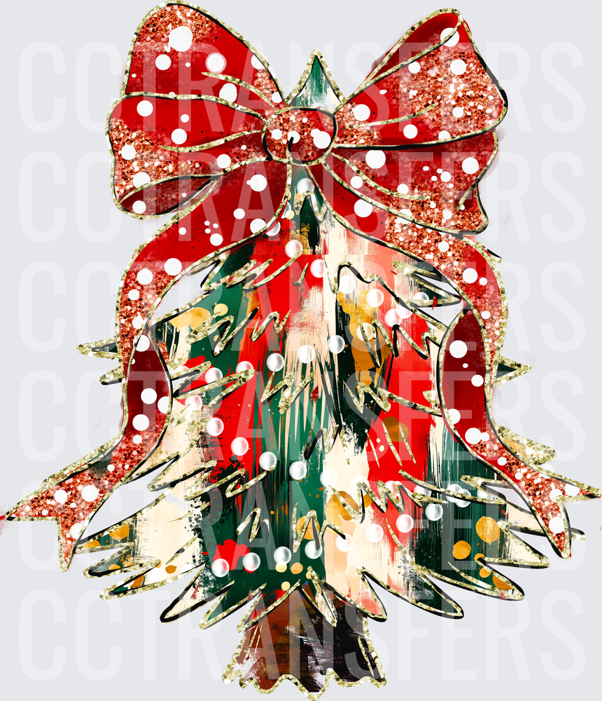 Glitter Christmas Tree Red Polka Dot Bow Pearl Accents (DTF)