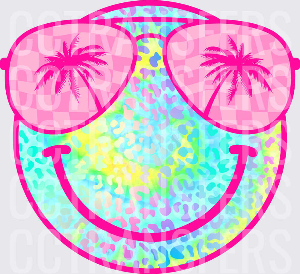 Tie Dye Leopard Smiley Face with Palm Tree Sunglasses (DTF)