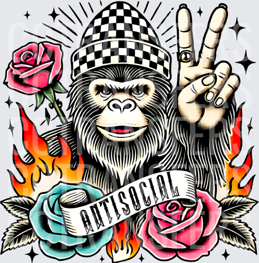 Antisocial Gorilla Checkered Beanie Peace Sign Roses (DTF)