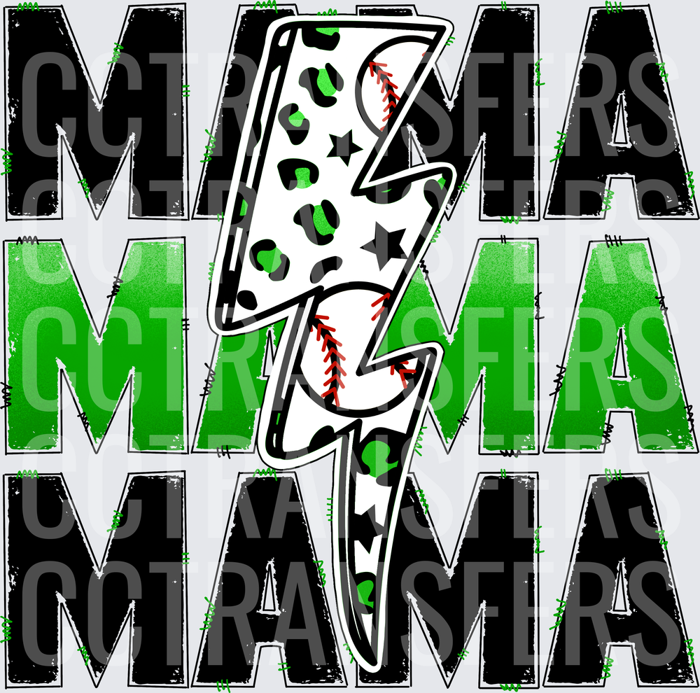 Mama Baseball Lightning Bolt Leopard Green Stacked (DTF)