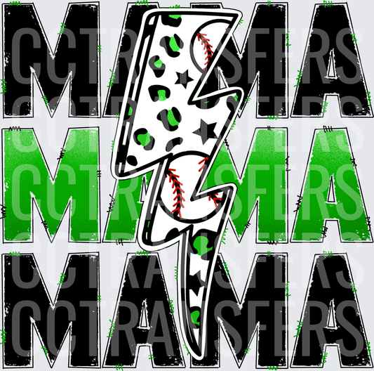 Mama Baseball Lightning Bolt Leopard Green Stacked (DTF)