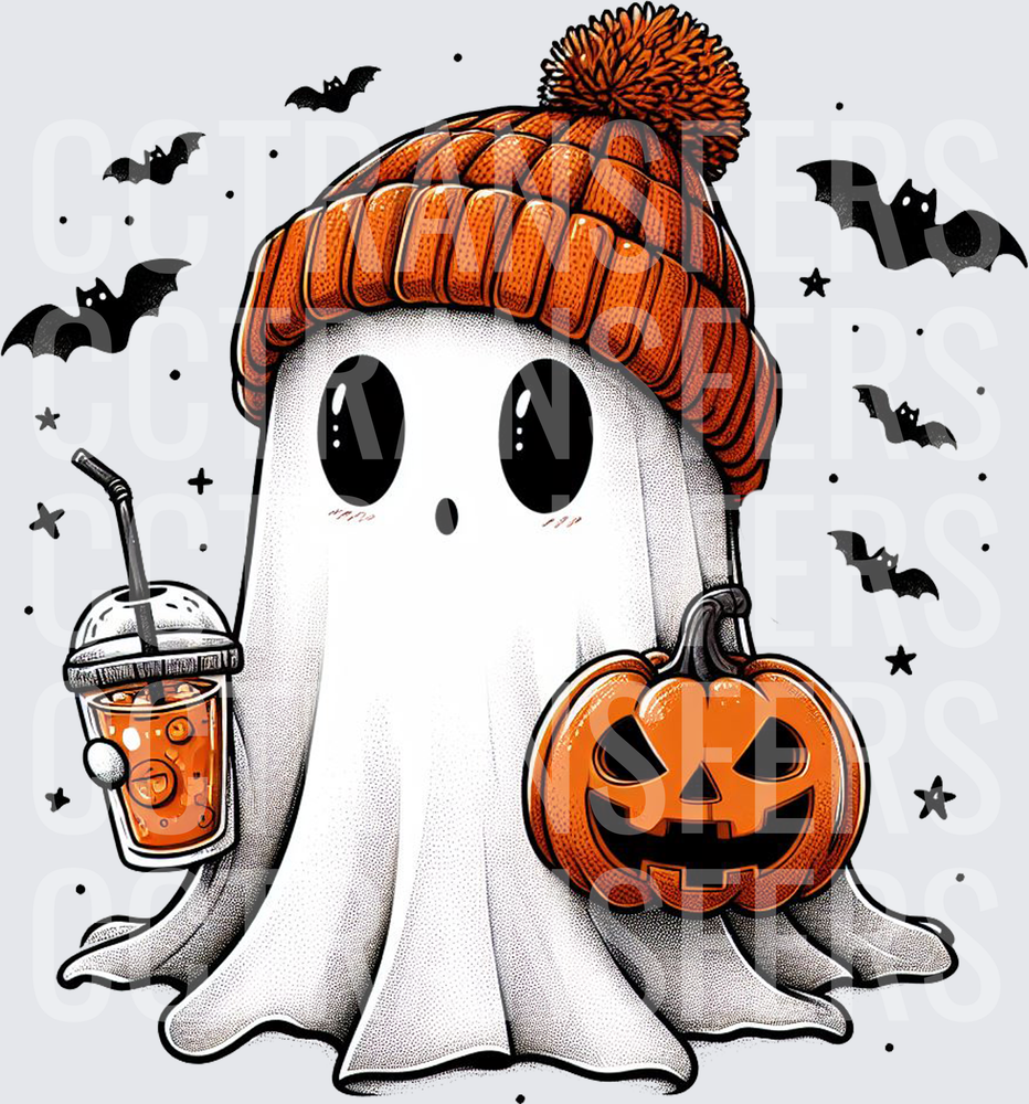 Cute Ghost Orange Beanie Iced Drink Jack-O-Lantern Bats (DTF)