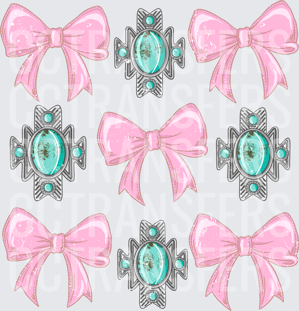 Pink Bows and Turquoise Silver Cross Concho Cluster (DTF)
