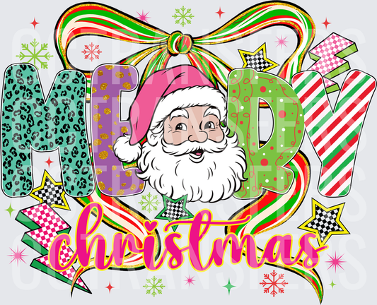 Merry Christmas Santa Winking Pink Hat Patterned Letters (DTF)