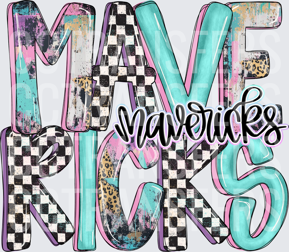 Mavericks Stacked Letters Checkered Leopard Teal Pink (DTF)