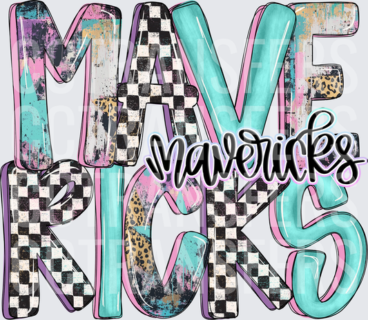 Mavericks Stacked Letters Checkered Leopard Teal Pink (DTF)