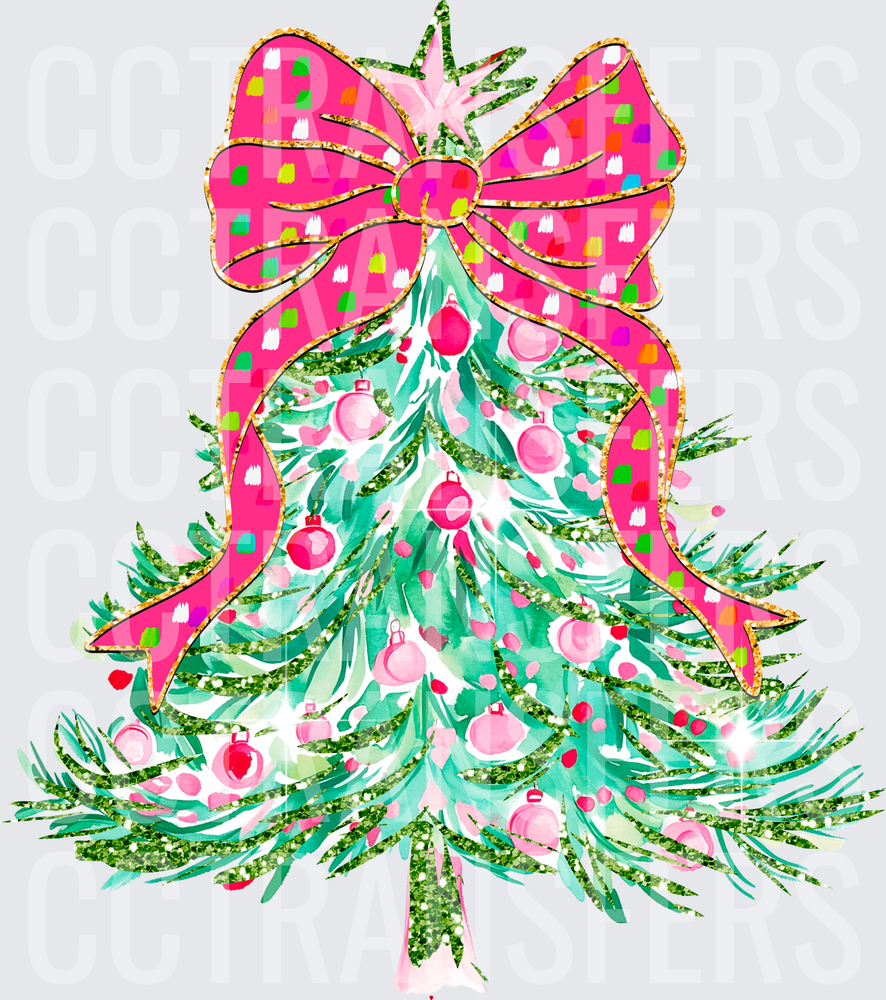 Glitter Christmas Tree Pink Bow Ornaments (DTF)
