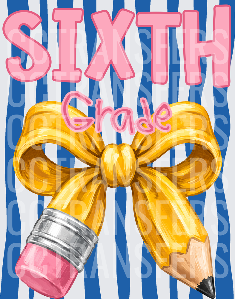 Sixth Grade Gold Bow Pencil Blue Stripe Design (DTF)