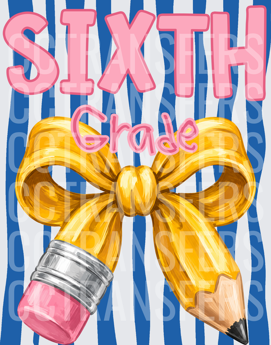 Sixth Grade Gold Bow Pencil Blue Stripe Design (DTF)