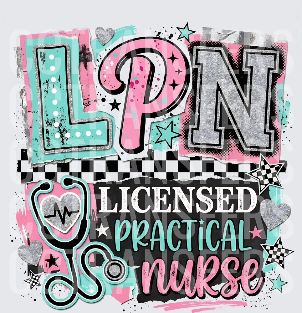 LPN Licensed Practical Nurse Retro Pink Teal Glitter (DTF)