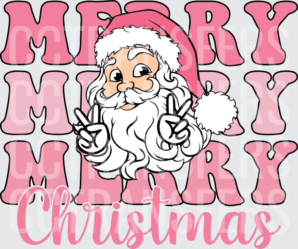 Merry Merry Merry Christmas Peace Sign Santa Pink (DTF)