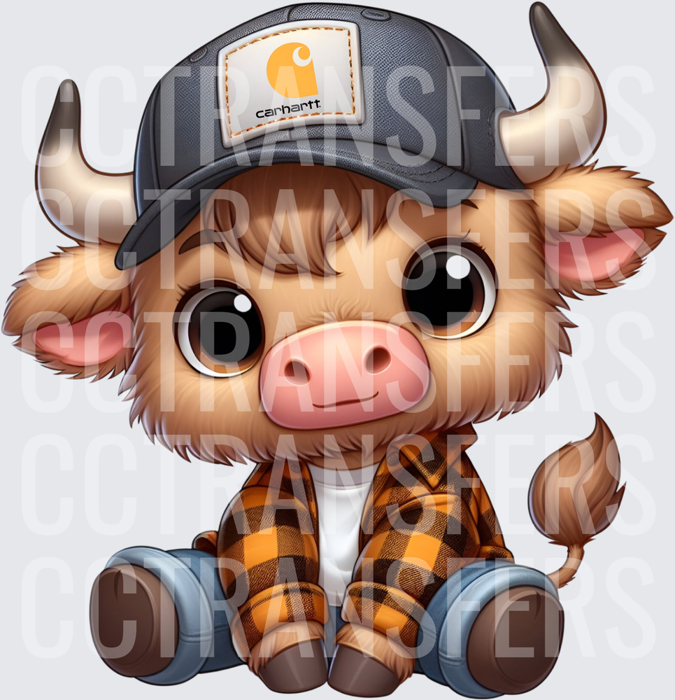 Cute Baby Bull Wearing Plaid Flannel Shirt & Trucker Cap (DTF)