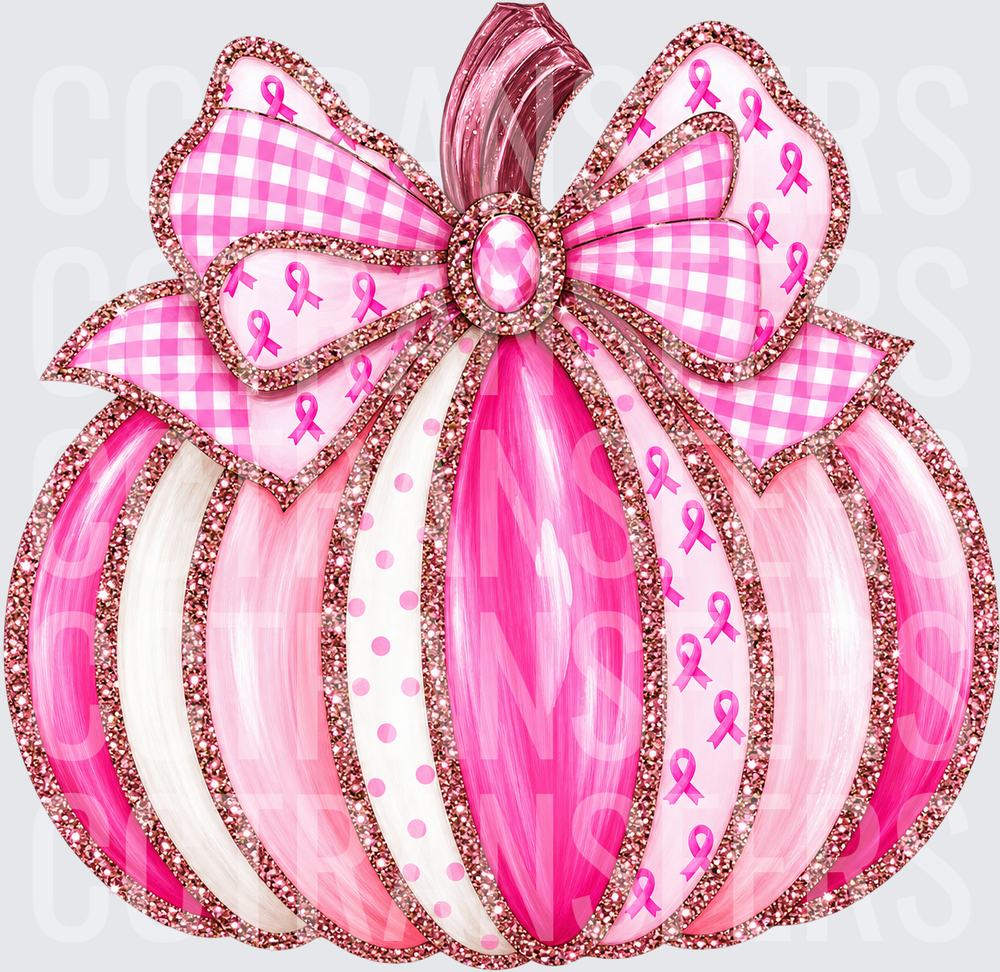 Pink Pumpkin Breast Cancer Awareness Ribbon Glitter Bow (DTF)