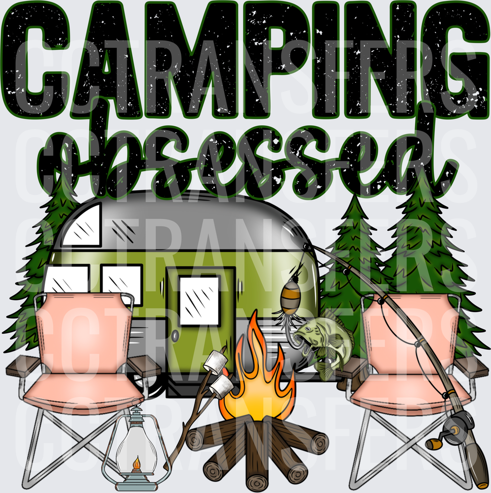 Camping Obsessed Trailer Campfire Fishing Scene (DTF)