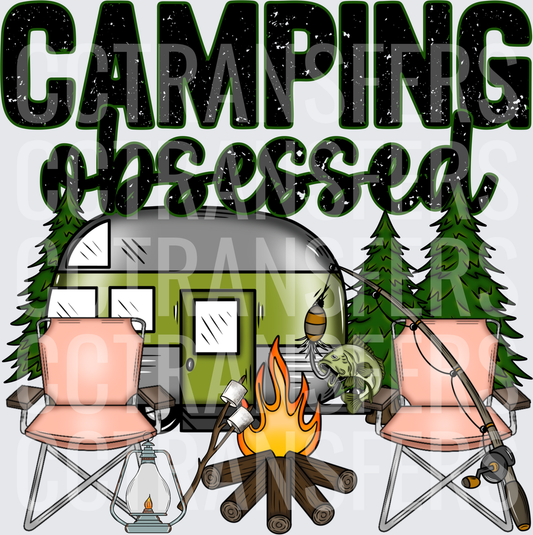 Camping Obsessed Trailer Campfire Fishing Scene (DTF)