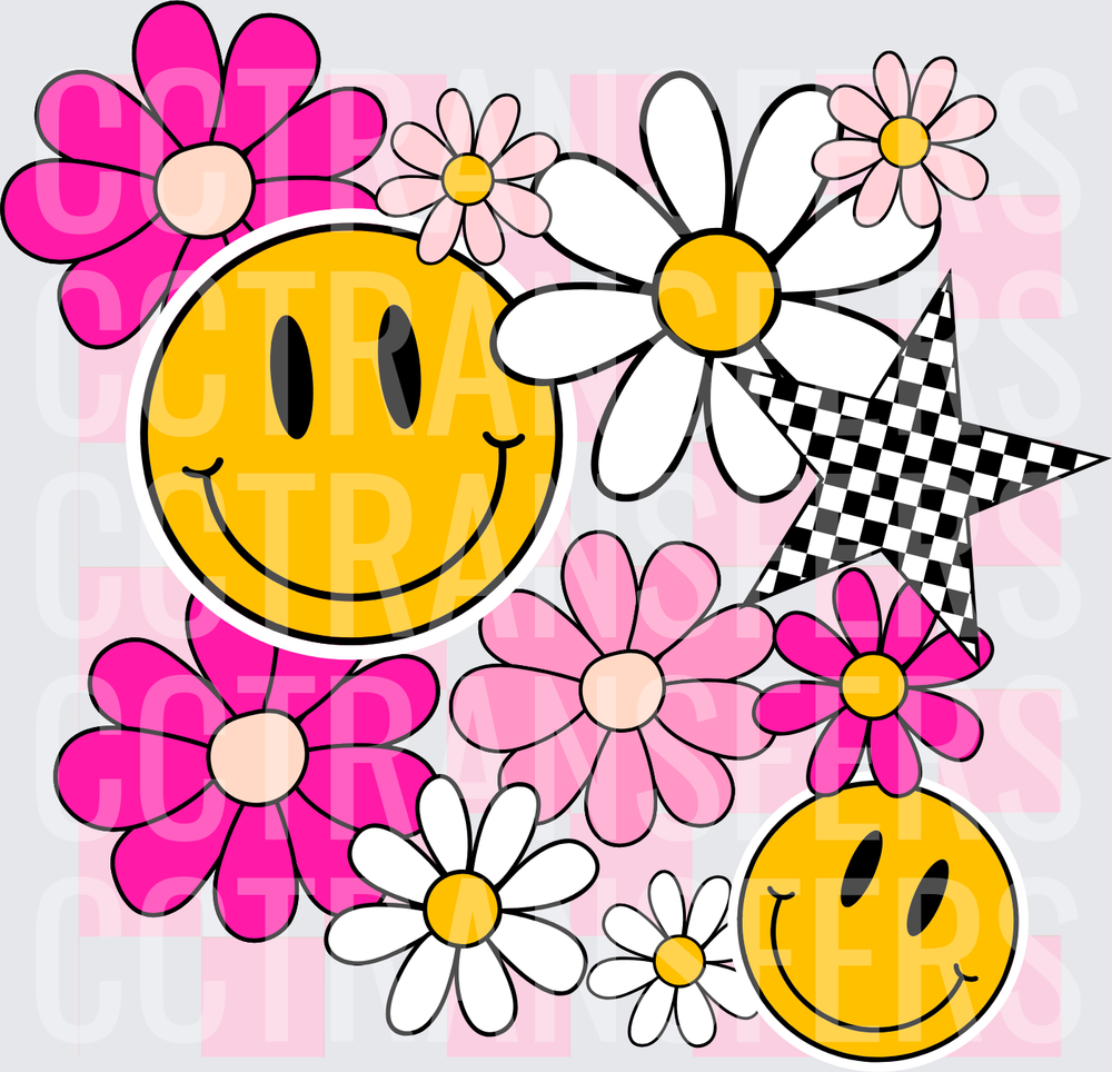 Retro Groovy Smiley Face Daisy Flowers Checkered (DTF)