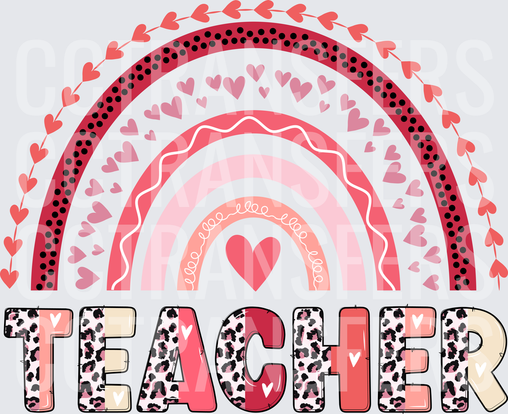 Valentine Rainbow Hearts Teacher Leopard Print (DTF)