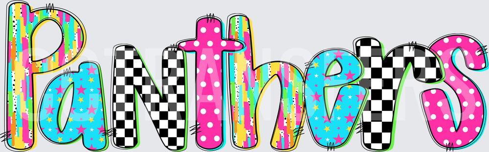 Colorful Mixed Pattern Panthers Bold Doodle Letters (DTF)
