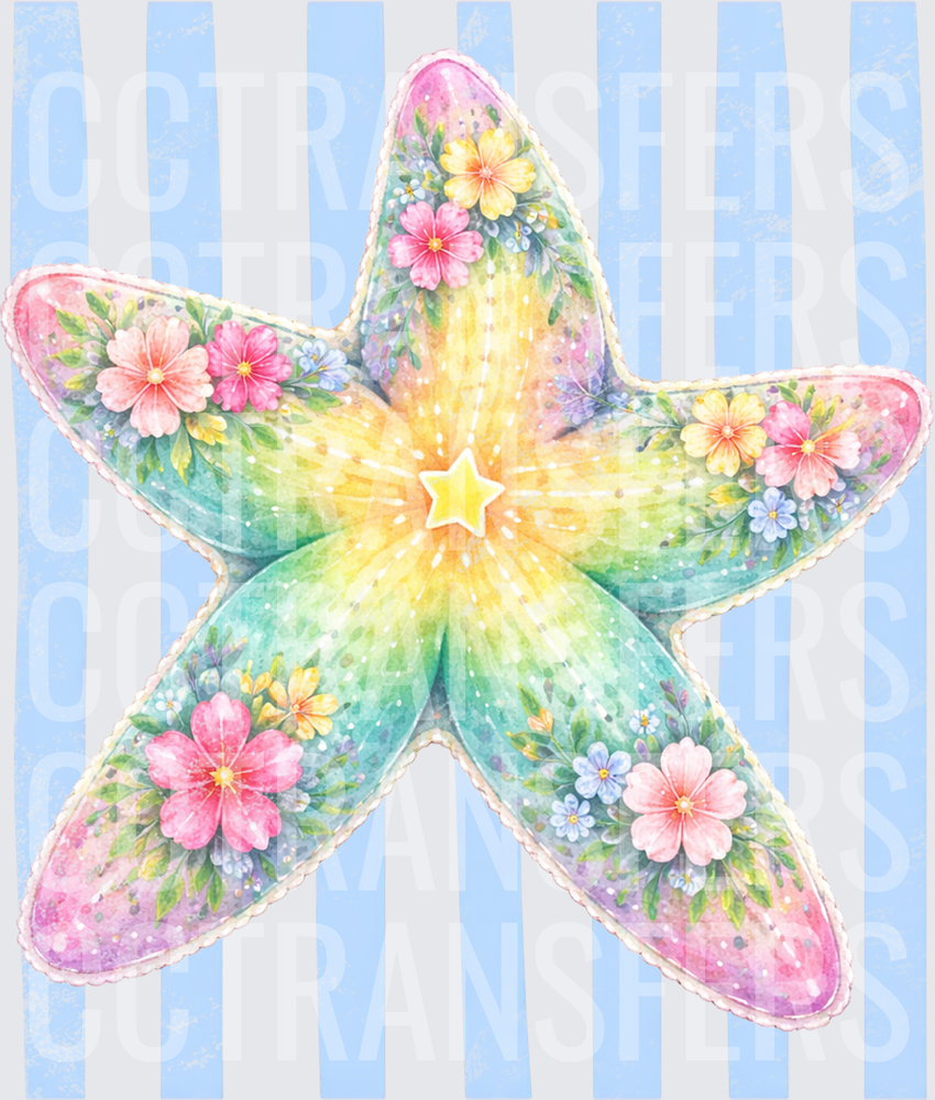 Pastel Rainbow Floral Starfish Glowing Star Center (DTF)