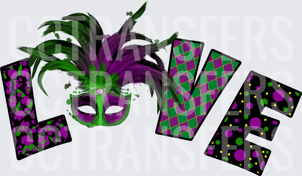 Mardi Gras LOVE Masquerade Feather Mask Purple Green (DTF)