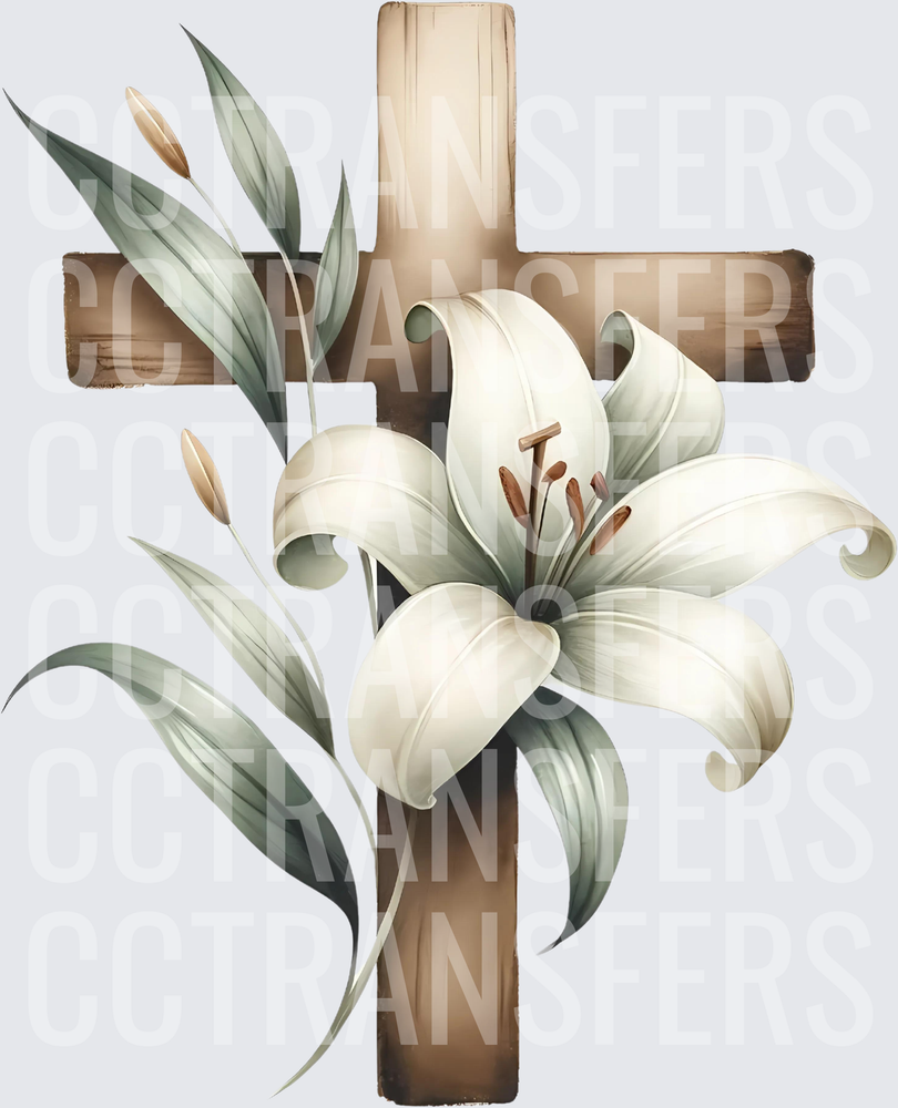 Wooden Cross with White Easter Lily and Green Leaves (DTF)