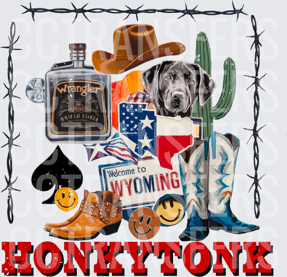 Honkytonk Western Collage Black Lab Cowboy Boots Flask (DTF)