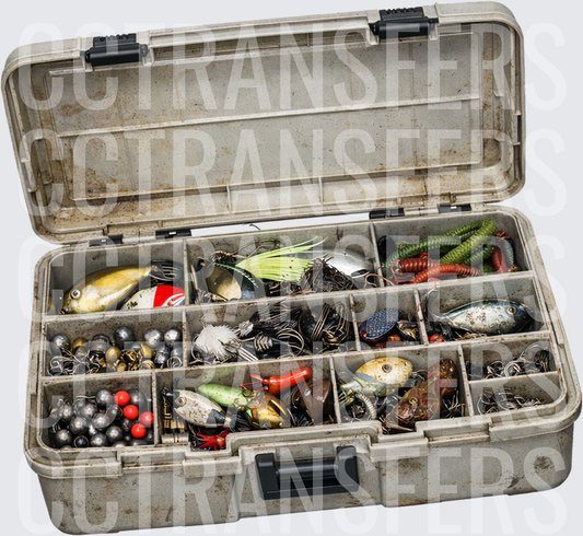 Worn Tackle Box Full of Fishing Lures and Weights (DTF)