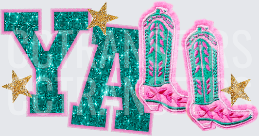 Y'all Glitter Teal Pink Cowboy Boots Gold Stars (DTF)