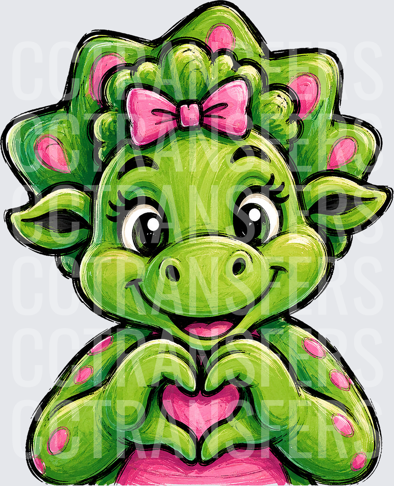 Cute Green Dino Girl Pink Bow Heart Hands (DTF)