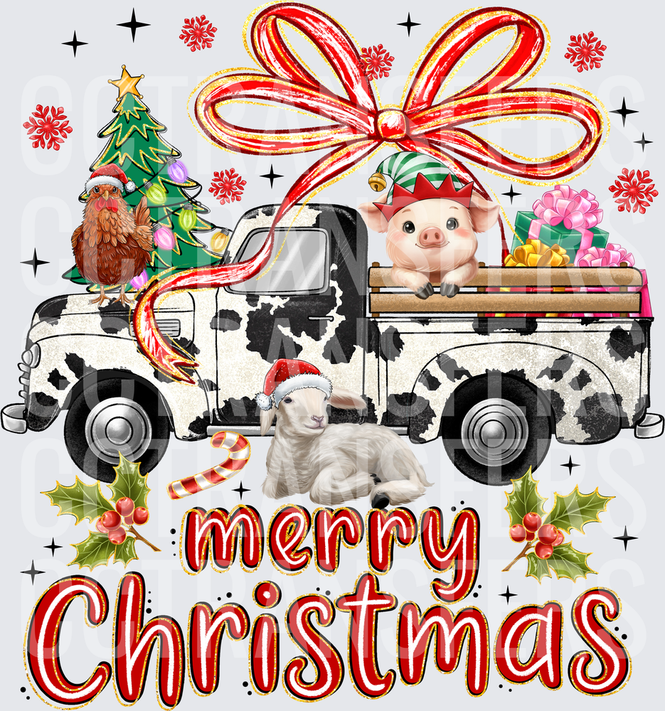 Merry Christmas Farm Animals Cow Print Truck Holiday (DTF)