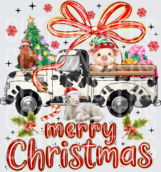 Merry Christmas Farm Animals Cow Print Truck Holiday (DTF)
