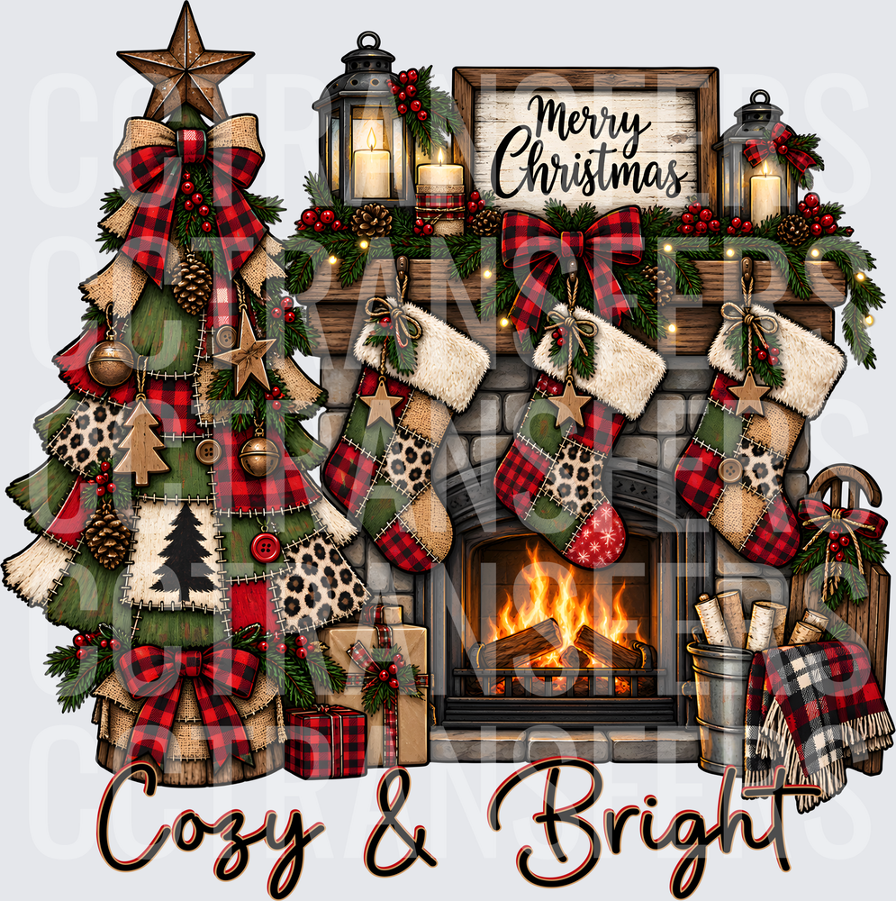 Cozy & Bright Merry Christmas Fireplace Scene (DTF)