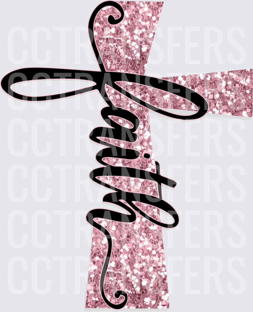 Pink Glitter Cross Faith Script Cursive (DTF)