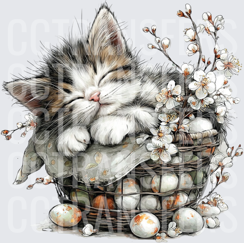 Sleeping Kitten in Easter Egg Basket with Spring Blossoms (DTF)