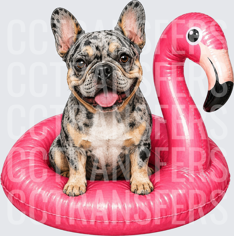 Merle French Bulldog Sitting in Pink Flamingo Pool Float (DTF)