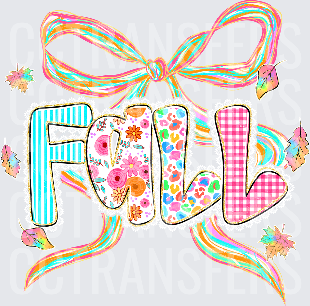 Bright Colorful FALL Patterned Letters with Bow and Leaves (DTF)