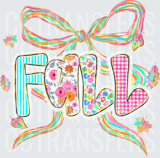 Bright Colorful FALL Patterned Letters with Bow and Leaves (DTF)