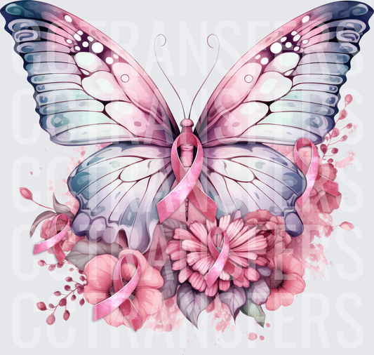 Watercolor Butterfly Pink Ribbon Floral Breast Cancer Awareness (DTF)
