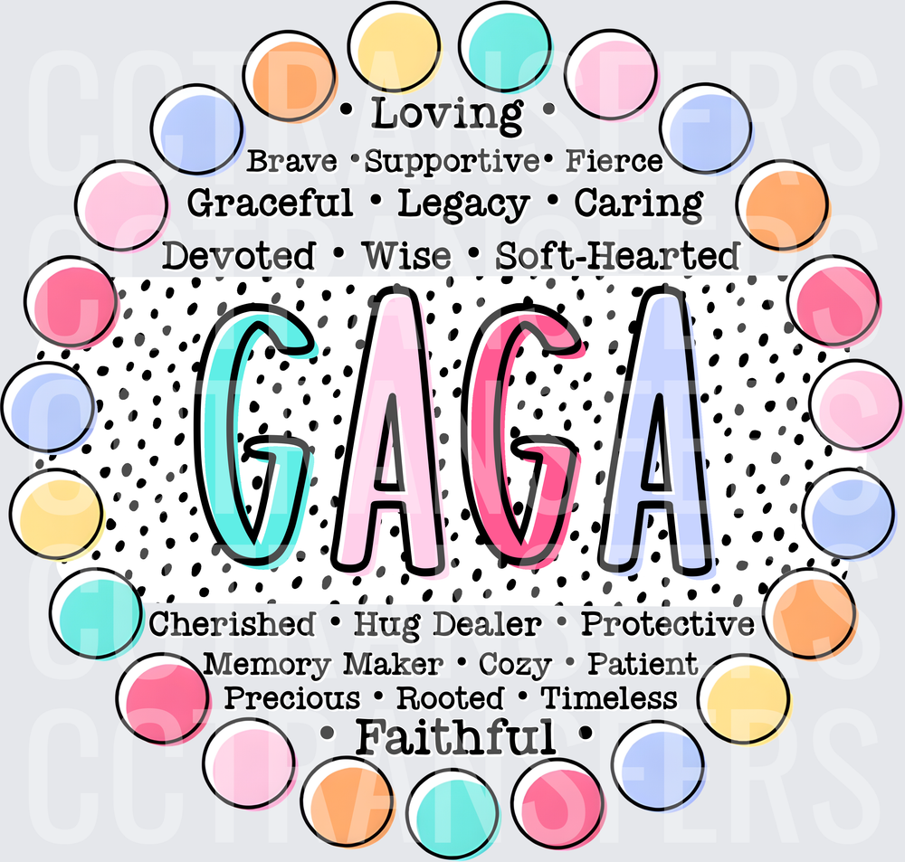 Gaga Word Art Pastel Polka Dot Circle Border (DTF)
