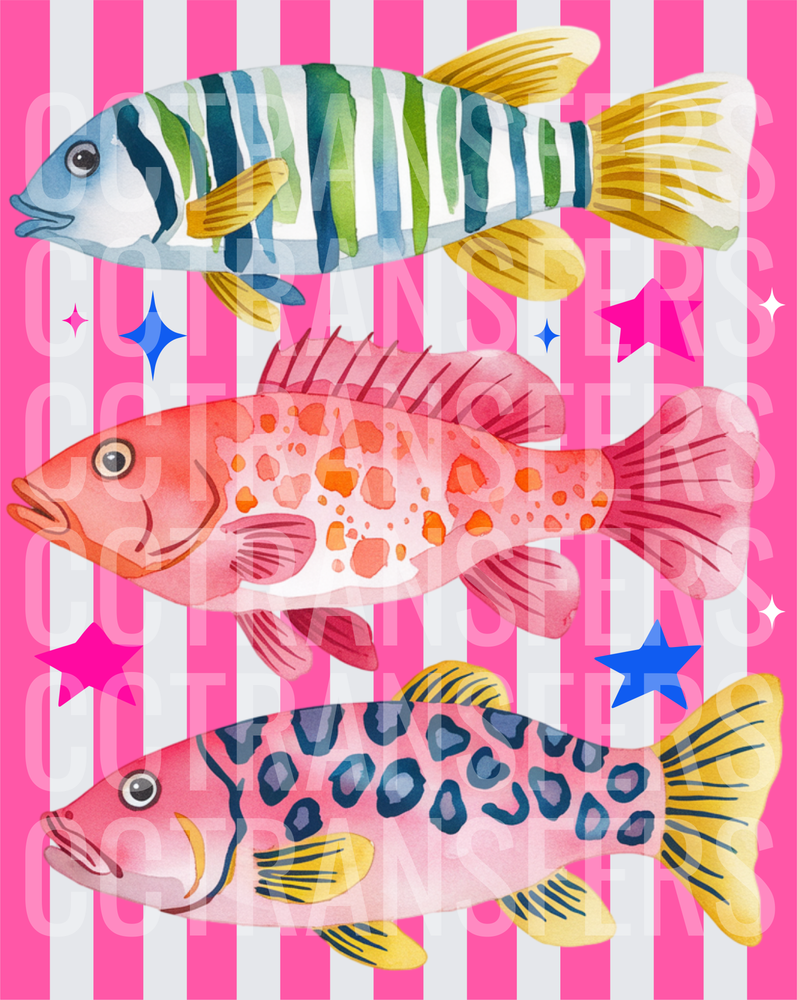 Colorful Watercolor Tropical Fish Pink Stripe Stars (DTF)