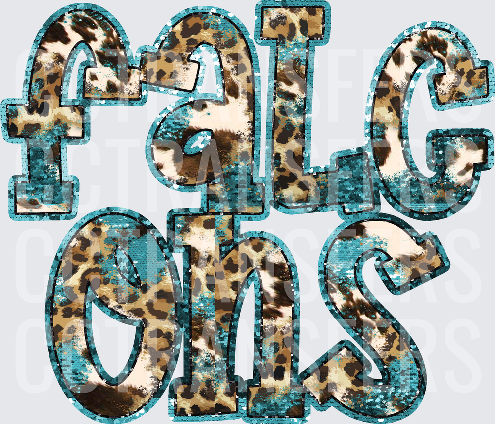 Falcons Teal Sequin Leopard Print Bold Lettering (DTF)