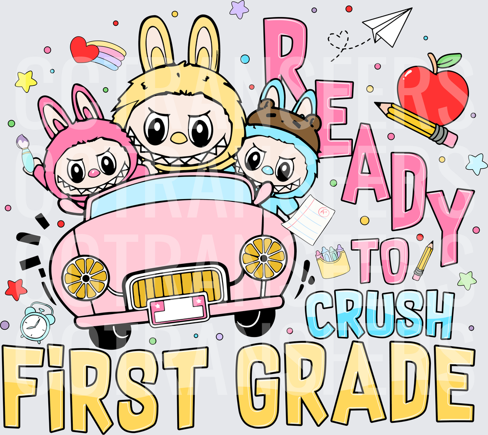 Ready To Crush First Grade Bunny Kids Pink Car (DTF)