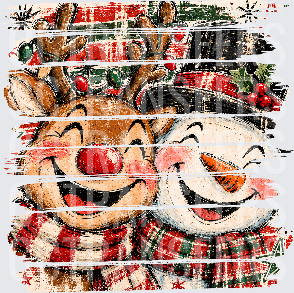 Smiling Reindeer and Snowman Holiday Plaid Brush Stroke (DTF)